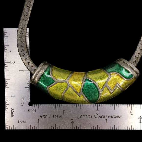 Vintage Yellow Green Enamel Gun Metal Herring Bone Chain Collar Bib Necklace - Picture 9 of 9